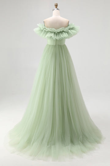 Strapless A-Line Dusty Sage Formal Dress With Ruffles